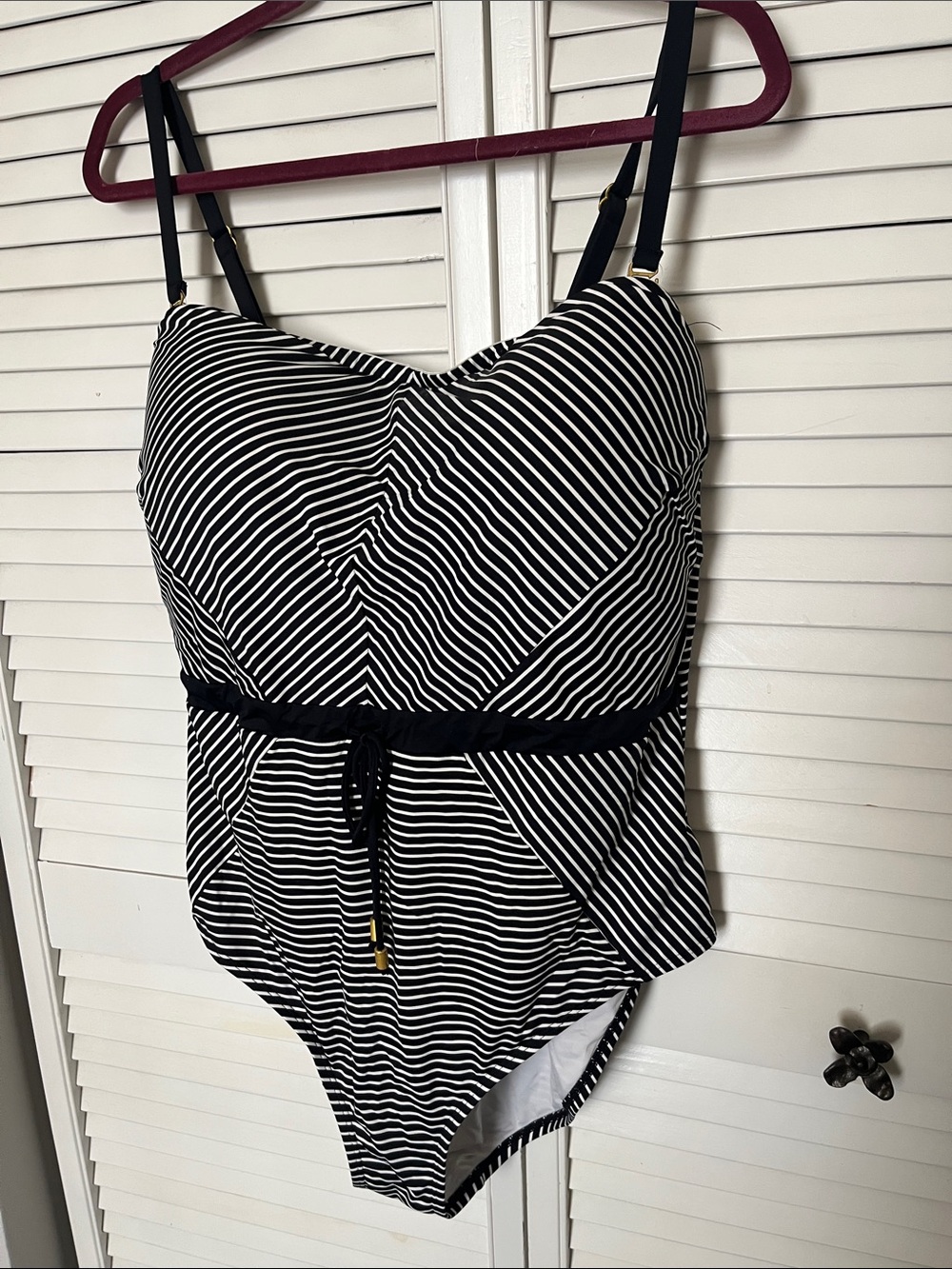 Black & White Striped Women's One-Piece Swimsuit with Waist Tie